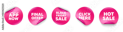 Download app sticker tag. Click here, Black friday paper price banners. Download the app now. Web application sign. Get program software symbol. Hot sale sticker. Promo banners. Vector