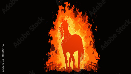 Silhouette of a horse against a fiery background representing fire theme  