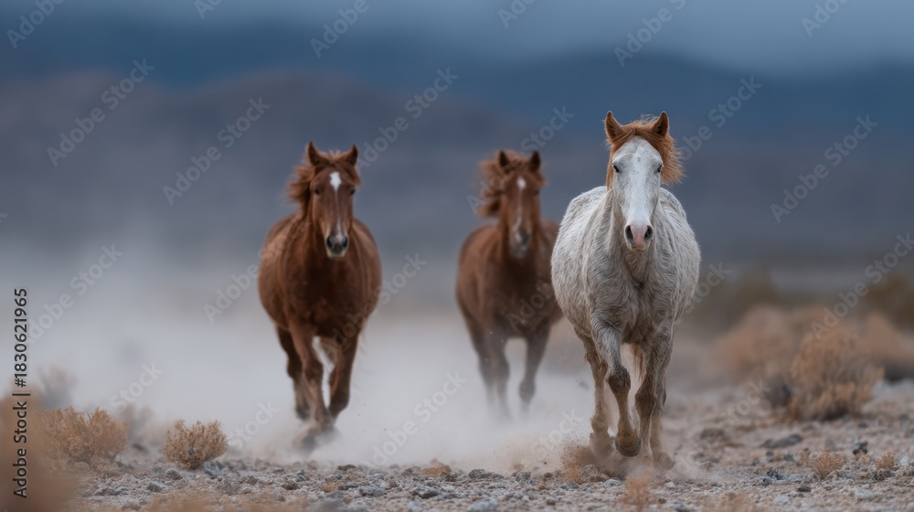 Naklejka premium Three beautiful horses race through a dusty terrain, capturing the raw essence of nature's wildness and the urge for freedom in a stunning dance against the environment.