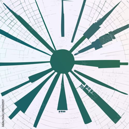 Abstract radial design with geometric shapes and lines radiating outward, artistic concept
