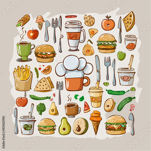 A vibrant assortment of hand-drawn food and drink doodles, featuring various delicious meals, snacks, and beverages for a cheerful culinary theme