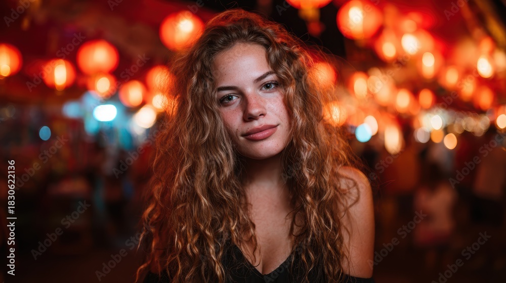 Fototapeta premium A young woman stands confidently in front of vibrant festival lights, with her curly hair framing her face, radiating youthful energy and capturing the lively spirit of celebration.