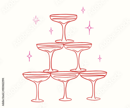 Cocktail glasses tower, vector design, whimsical sketch for party invitation