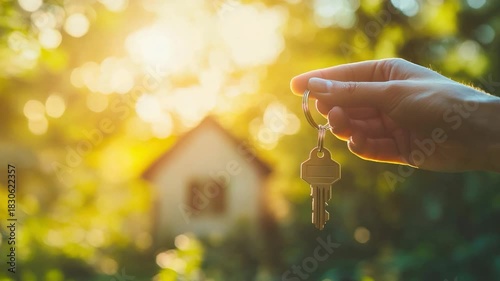 A hand holds house keys, a new home, sunlit bokeh background