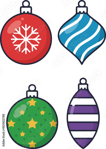 A set of four colorful Christmas ornaments featuring various shapes and patterns, including a red snowflake ball, blue wavy teardrop, green star sphere, and purple striped oval.