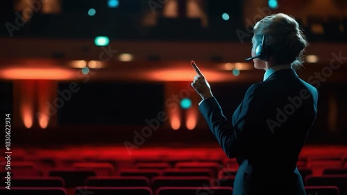 Woman in business attire giving a presentation in a dark auditorium