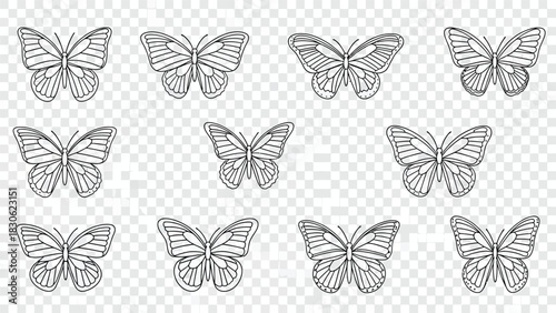 Set of 12 Hand-Drawn Butterfly Outline Icons, Minimalist Line Art Insects, Nature and Spring Design Elements