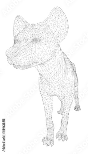 Hyena wireframe model composed of geometric shapes and lines, creating a detailed 3D animal representation on a white background.
