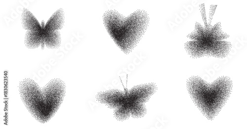 Noise grain icon set with y2k shapes. Black dotworks gradient. Gradation illustration of butterfly and heart. Black shade insect isolated. Vector spray butterflies and love symbols shapes illustration