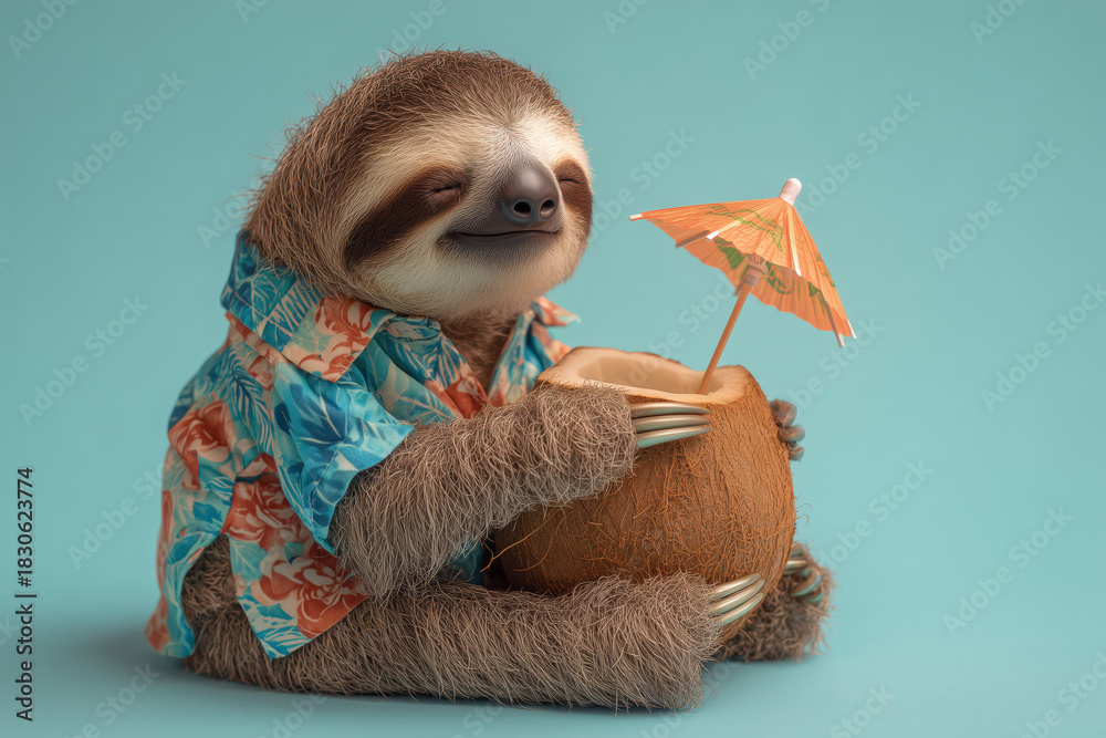 Fototapeta premium Adorable sloth enjoying tropical cocktail wearing vibrant Hawaiian shirt, perfect for summer vacation vibes and carefree relaxation concepts, so cute and fun!