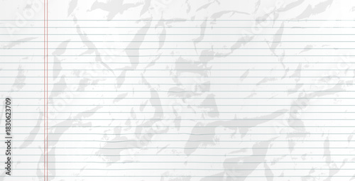 Notebook crumpled ruled paper. Lined page blank background. Rough paper sheet. Vector binder folded pattern cover. Craft abstract diary or memo textured. Simple letter bg for school, office design.