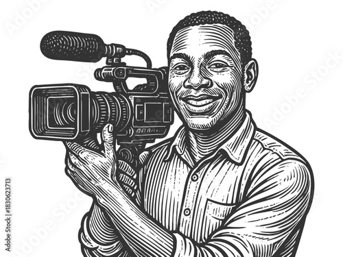 smiling man holding a professional video camera, ideal for media, journalism, and filmmaking themes sketch engraving generative ai vector illustration. Scratch board. Black and white image.