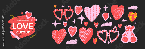 Love cutouts paper collage. Hearts and cherry pieces for love or scrapbook design. Sticker icons with locket frame shape for valentine projects. Love, star and clouds torn cut red element for craft.