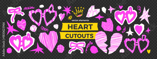 Hearts paper cutout set. Collage crayon pattern textured stickers for love and scrapbook designs. Bow and hearts sticker, cut icon locket. Scrap shapes for valentine, crafts on transparent background.
