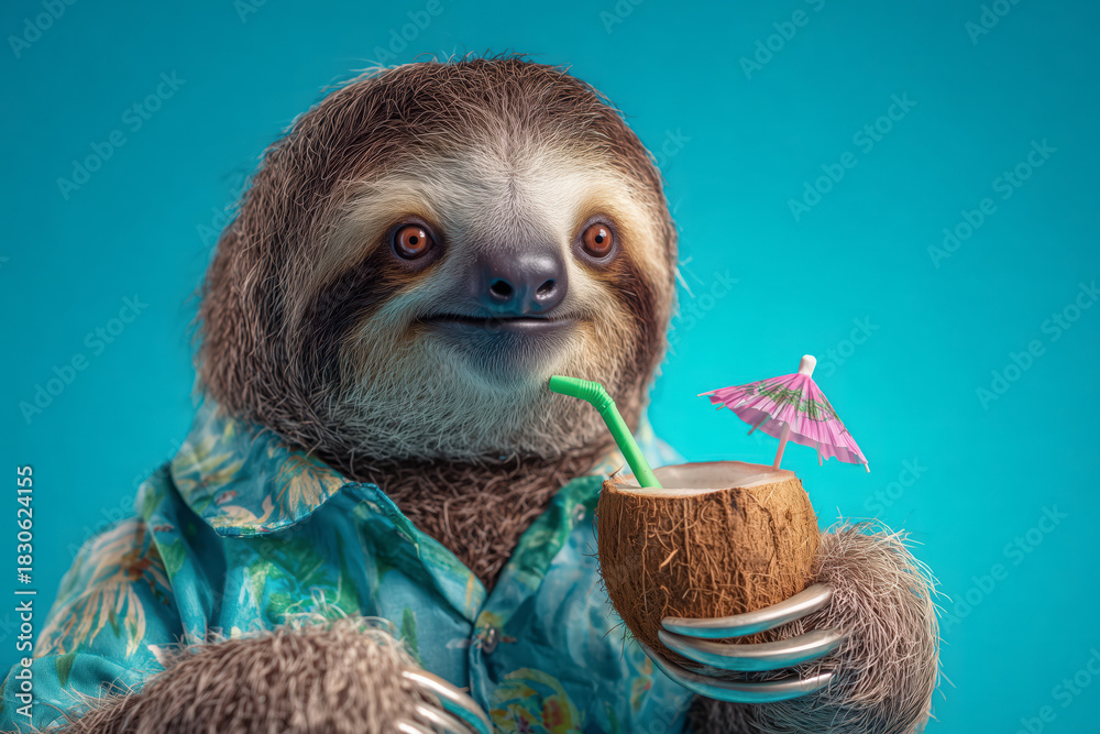 Fototapeta premium Adorable sloth enjoying tropical vibes with coconut drink and tiny umbrella, perfect for summer ads or fun social media campaigns, guaranteed to grab attention