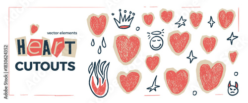 Naive hearts cutouts collage set. Hearts pieces with red crayon texture for love or scrapbook design. Love, star, fire and devil cut element for craft. Sticker icons with crown shape for valentine..