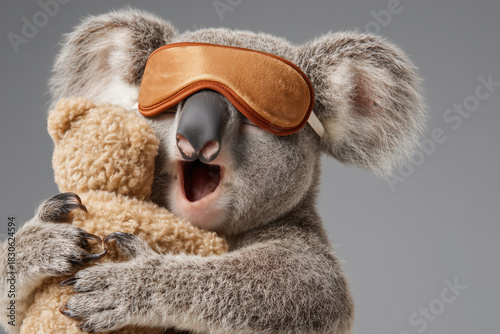 Adorable sleepy koala yawning with a teddy bear and wearing a sleep mask, perfect for bedtime stories or cute animal illustrations with a touch of humor
