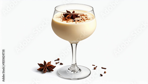 An isolated, clean shot of eggnog infused with chai spices (star anise, cardamom) served in a modern glass, perfect for sophisticated holiday beverage concepts.