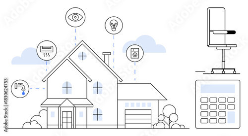 House connected to smart devices, chair, calculator. Ideal for technology, innovation, smart living, energy saving, connectivity home efficiency control systems. Simple flat metaphor