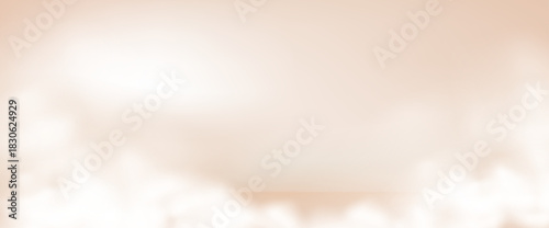 Peach beige clouds studio room background. Heaven sky gradient template. Morning atmosphere surface for beauty products presentation. Pastel caramel color clouds on floor. Vector mystery illustration.