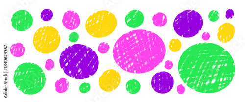 Circle colorful neon figures by crayon set. Polka dots marker stencils shapes pack. Vector hand drawn kids ellipse and round elements collection illustration isolated on white background.