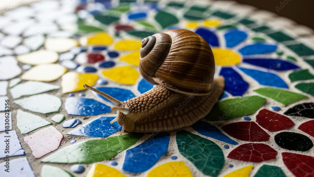 Fototapeta premium Snail on colorful mosaic tile, symbol of harmony between nature and design