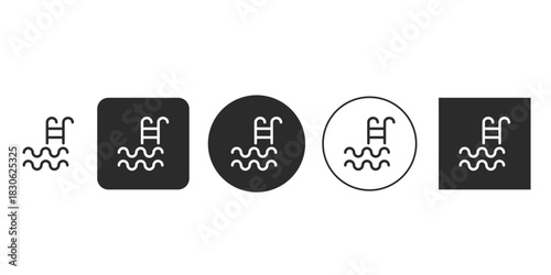 Swimming pool ladder and water waves icon set design | Black and white vector illustration of pool amenity symbol | Glyph and outline swimming area pictogram UI/UX element | Hotel resort facilities