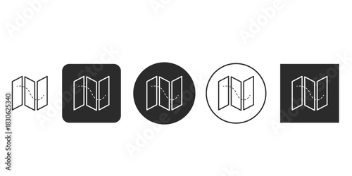 Folded paper map icon for navigation apps | Directions and route planning interface element vector | Travel guide symbol with dotted path line on a chart | Black and white location tracking graphic