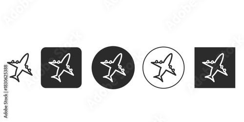 Minimalist line art airplane icon set for mobile apps and web design | Black and white vector illustration of flying aircraft symbol | UI travel and transportation glyph icons in various styles