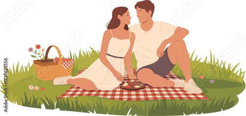 Couple on picnic on transparent background. Vector illustration in flat style. Man and woman rest on blanket in nature. Relax and enjoy the outdoors
