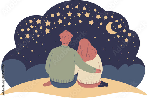 Couple Silhouette Lovers Looking at Moon and Stars at Night Back View Embracing Sitting Together in Nature Vector Illustration