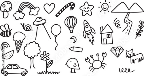 Cute doodle sketch style of Hand drawn vector illustration for kid bkack and white