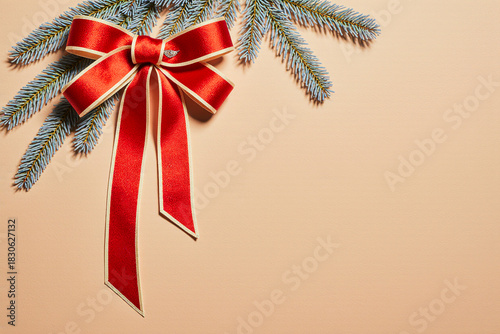 Festive red christmas bow tied on a snowy pine branch
