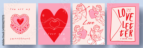 Creative concept of Happy Valentines Day cards in trendy hand drawn style with heart cake, hands making heart, little Cupids and love letter. Template for ads, branding, banner, cover, label, poster.
