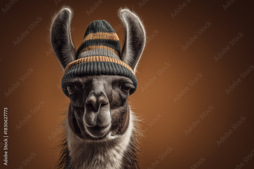 Obraz premium Adorable llama portrait wearing a trendy beanie hat against a warm brown backdrop, ideal for humorous designs or animal-themed campaigns
