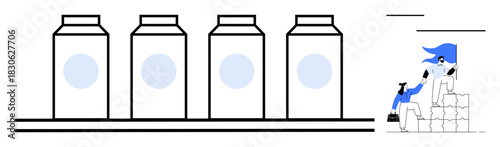 Rows of milk cartons on conveyor belt and two workers collaborating to stack boxes. Ideal for teamwork, production, distribution, logistics, supply chain, dairy industry, simple flat metaphor