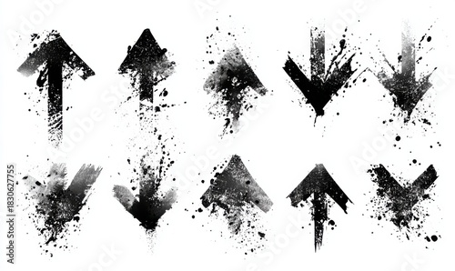 Set of black grunge arrows pointing in different directions with a splattered paint effect.