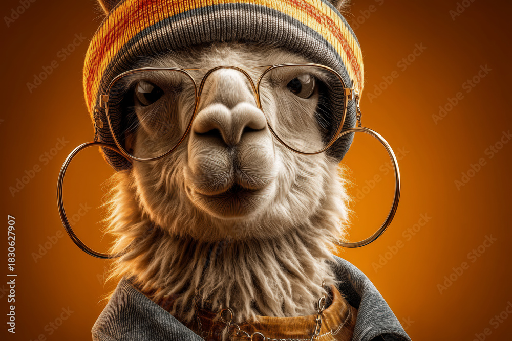 Obraz premium Hipster llama looking cool wearing glasses and hat against golden backdrop, perfect for quirky humor and unique design projects, exudes confident style