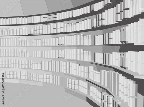 Polygonal shop with animated shelves creates a dynamic 3D scene. The moving shelves are filled with books, resembling a lively shop interior with counters and goods.