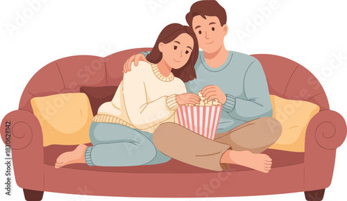 Couple Watching Broadcast Together While Eating Snack Sitting on Sofa Leisure Time Spending Home Cartoon Vector Illustration 130 Characters
