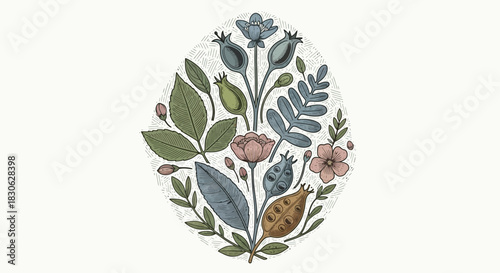 Easter Egg with Vintage Folk Botanical Ornament, Hand-Drawn Floral Design, and Nature Spring Holiday Decoration