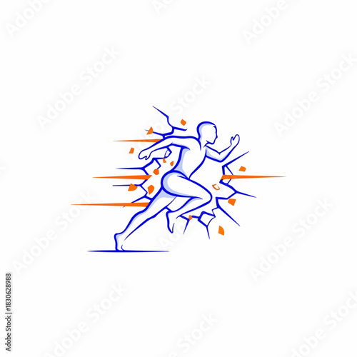 Dynamic runner breaking through a wall, symbolizing strength, speed, and overcoming obstacles to achieve success and progress with powerful determination