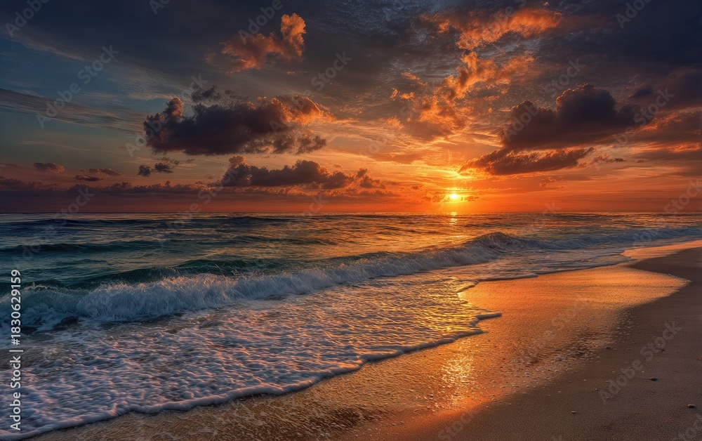 Obraz premium A breathtaking ocean sunset. Waves crash on a sandy beach, with fiery clouds