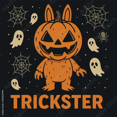 Delightful Halloween trickster character design with cute ghosts and spiderwebs, perfect for invitations, posters, or festive promotions, a spooky season must-have