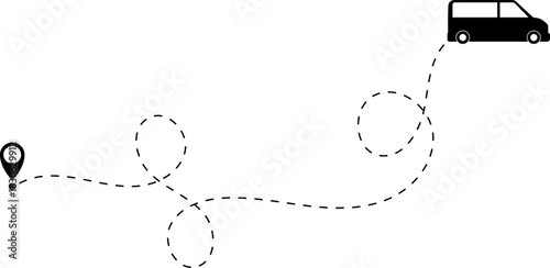 Bus driving on dotted route with map pin. A Bus and dotted line. Dashed line route. Travel navigation routes with dash line path, location pins and bus. Bus icon with line start point set. Bus driving