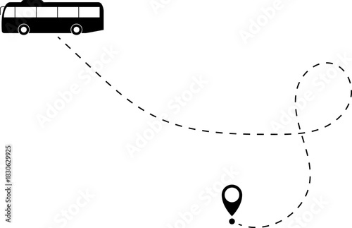 Bus driving on dotted route with map pin. A Bus and dotted line. Dashed line route. Travel navigation routes with dash line path, location pins and bus. Bus icon with line start point set. Bus driving
