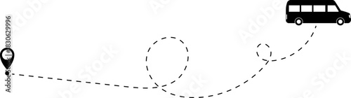 Bus driving on dotted route with map pin. A Bus and dotted line. Dashed line route. Travel navigation routes with dash line path, location pins and bus. Bus icon with line start point set. Bus driving