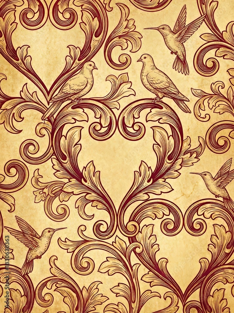 Fototapeta premium Vintage wallpaper with a botanical motif. An elegant repeating pattern of leaves, swirls, and birds on a distressed paper background