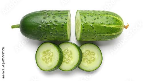 Fresh cucumber cut in half with slices isolated on white background
