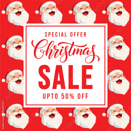 Festive Christmas sale banner with cheerful cartoon Santa faces on a bright red background and bold typography promoting special offer discount, perfect for holiday marketing, social media ads and ret